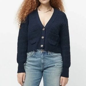 J. Crew Blue Cropped Patch Pocket Beach Cardigan Sweater